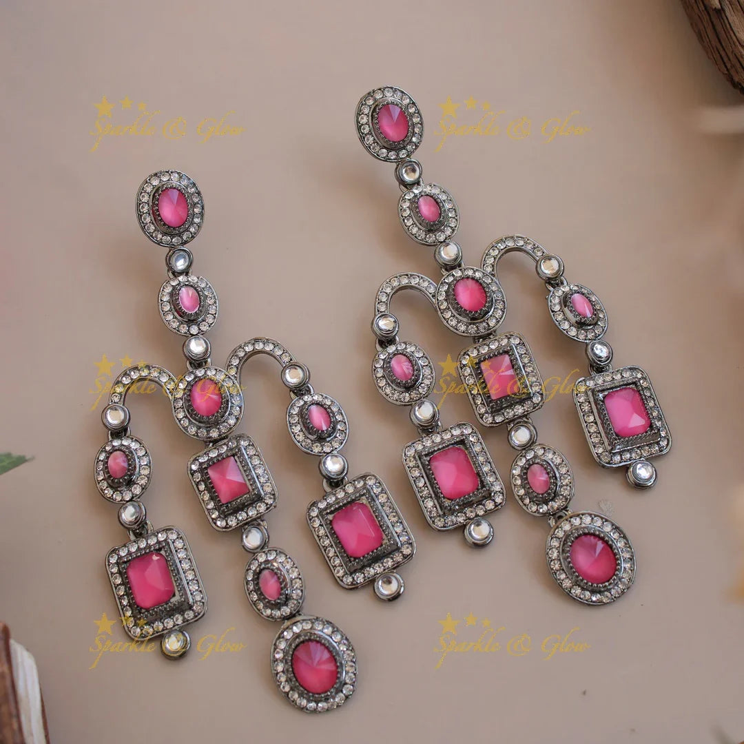 Bollywood inspired Gorgeous three layer victorian black finish earrings with stones - Sparkle and Glow
