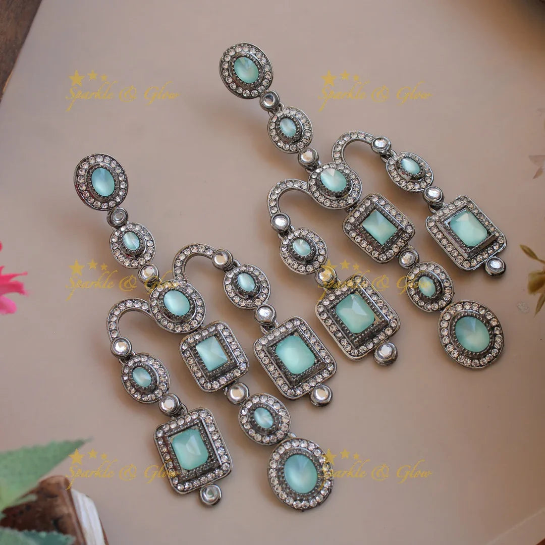 Bollywood inspired Gorgeous three layer victorian black finish earrings with stones - Sparkle and Glow