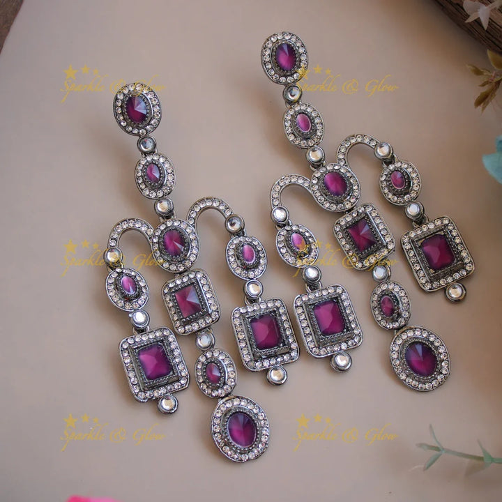 Bollywood inspired Gorgeous three layer victorian black finish earrings with stones - Sparkle and Glow