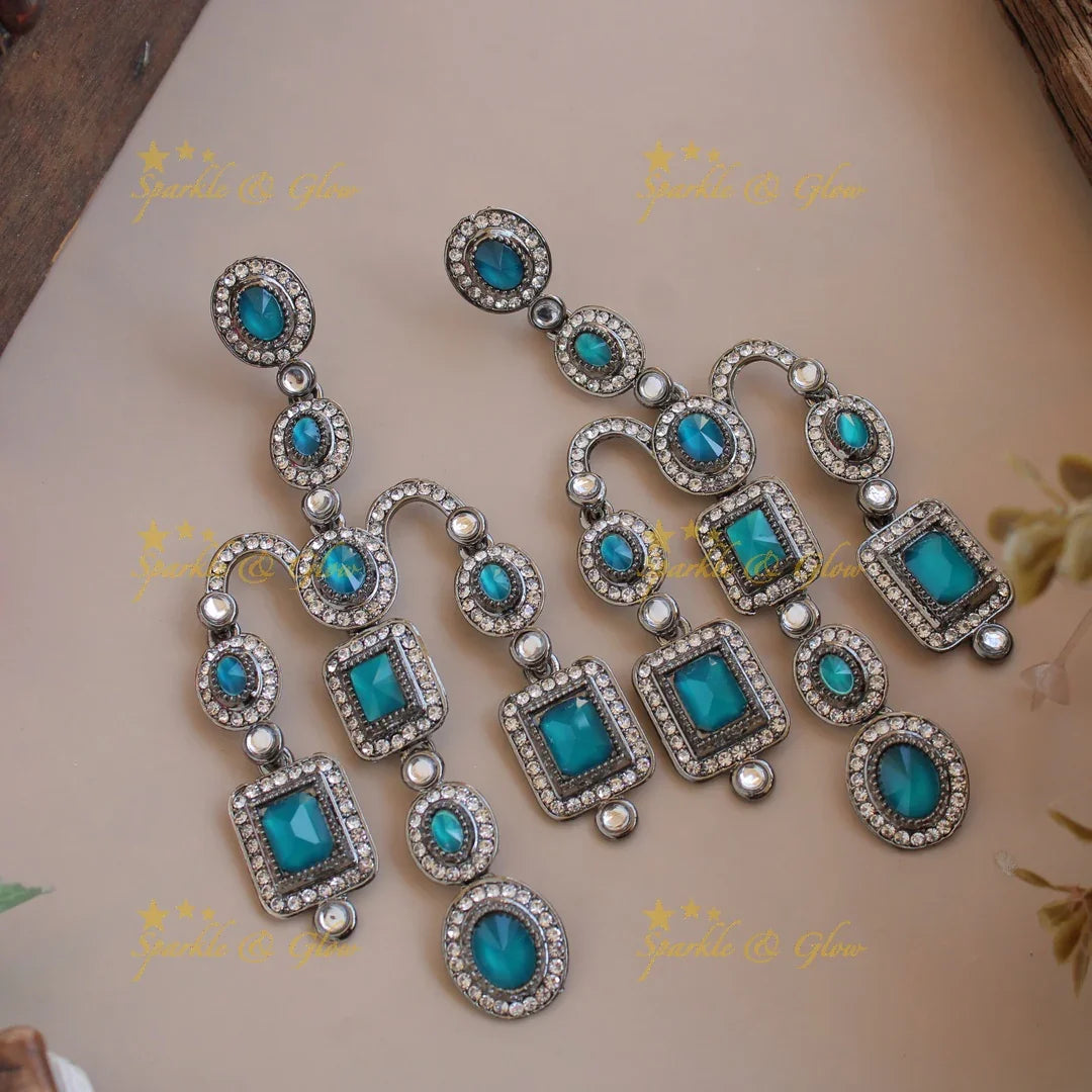 Bollywood inspired Gorgeous three layer victorian black finish earrings with stones - Sparkle and Glow