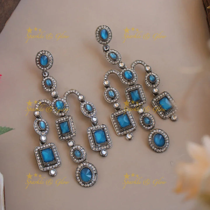 Bollywood inspired Gorgeous three layer victorian black finish earrings with stones - Sparkle and Glow