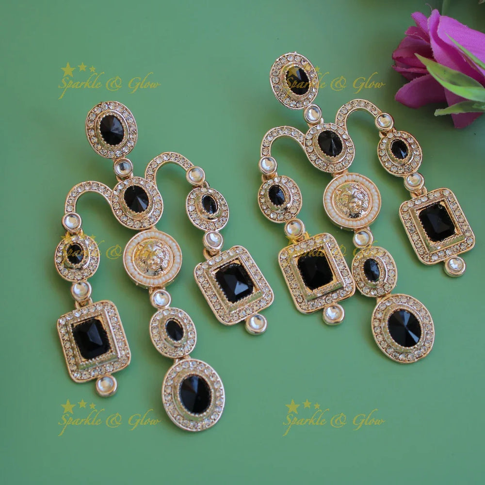 Bollywood inspired Sabyasachi Beautiful three layer lion face carved victorian gold finish earrings with stones - Sparkle and Glow