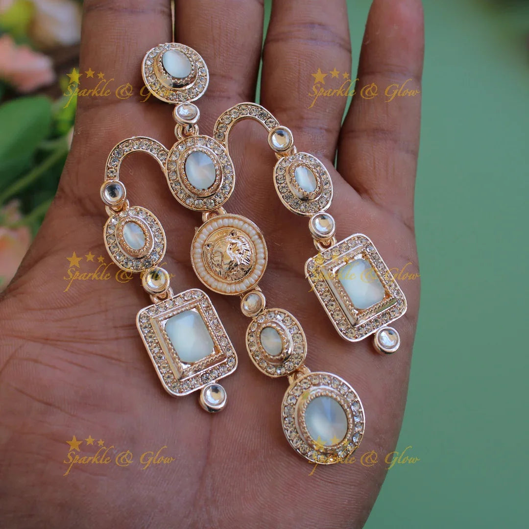 Bollywood inspired Sabyasachi Beautiful three layer lion face carved victorian gold finish earrings with stones - Sparkle and Glow