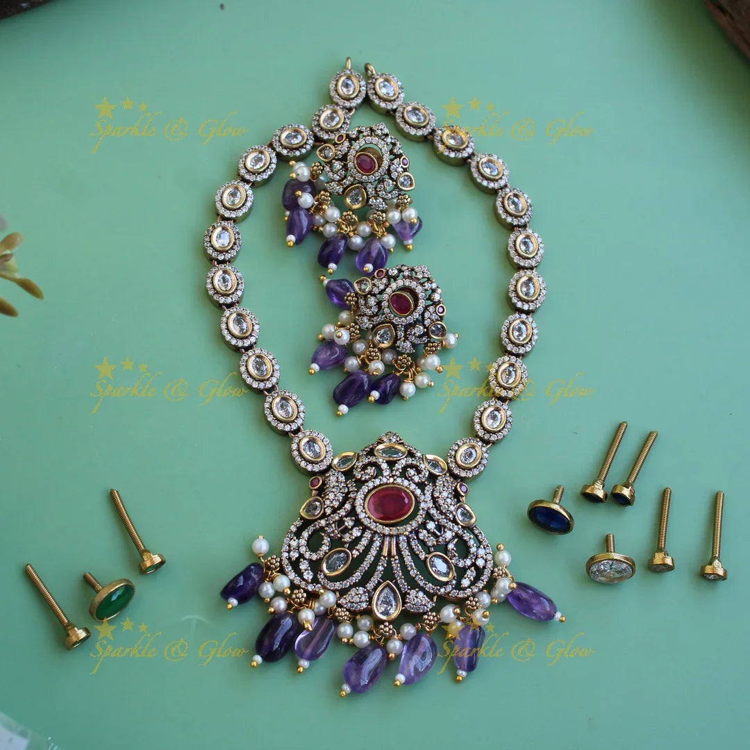 Elegant Peacock pendant victorian AD short necklace with interchangeable stones and green beads - Sparkle and Glow