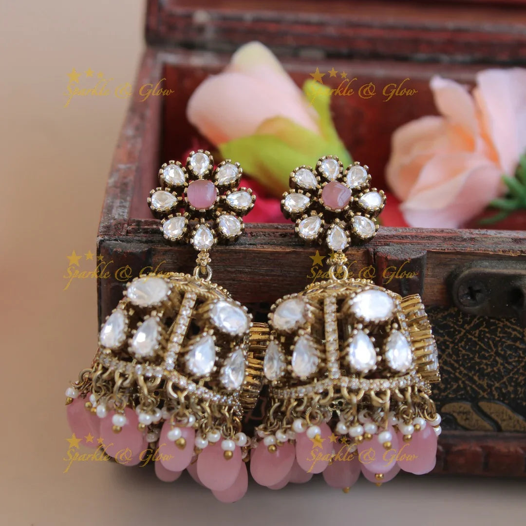 Moissanite Victorian finish Beautiful floral design victorian jhumukas with baby pink beads - Sparkle and Glow