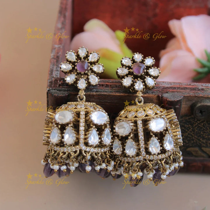Moissanite Victorian finish Beautiful floral design victorian jhumukas with baby pink beads - Sparkle and Glow
