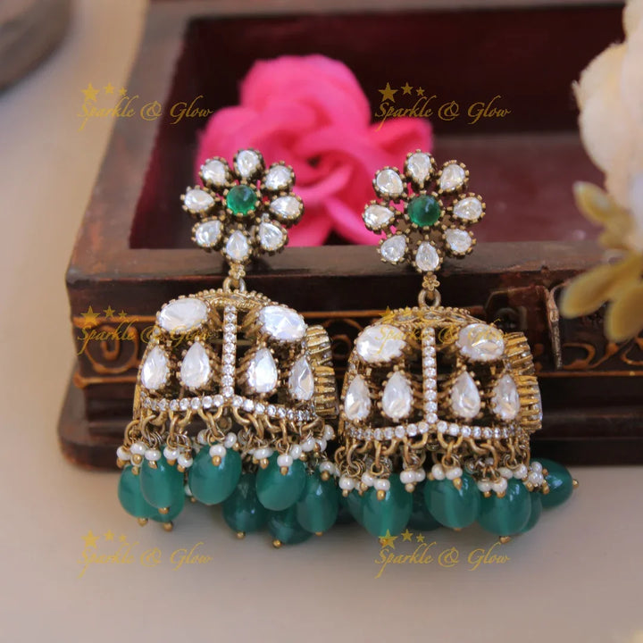 Moissanite Victorian finish Beautiful floral design victorian jhumukas with baby pink beads - Sparkle and Glow