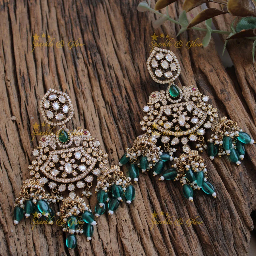 Moissanite Victorian finish Elegant Elephant floral design victorian earrings with teal colour beads - Sparkle and Glow