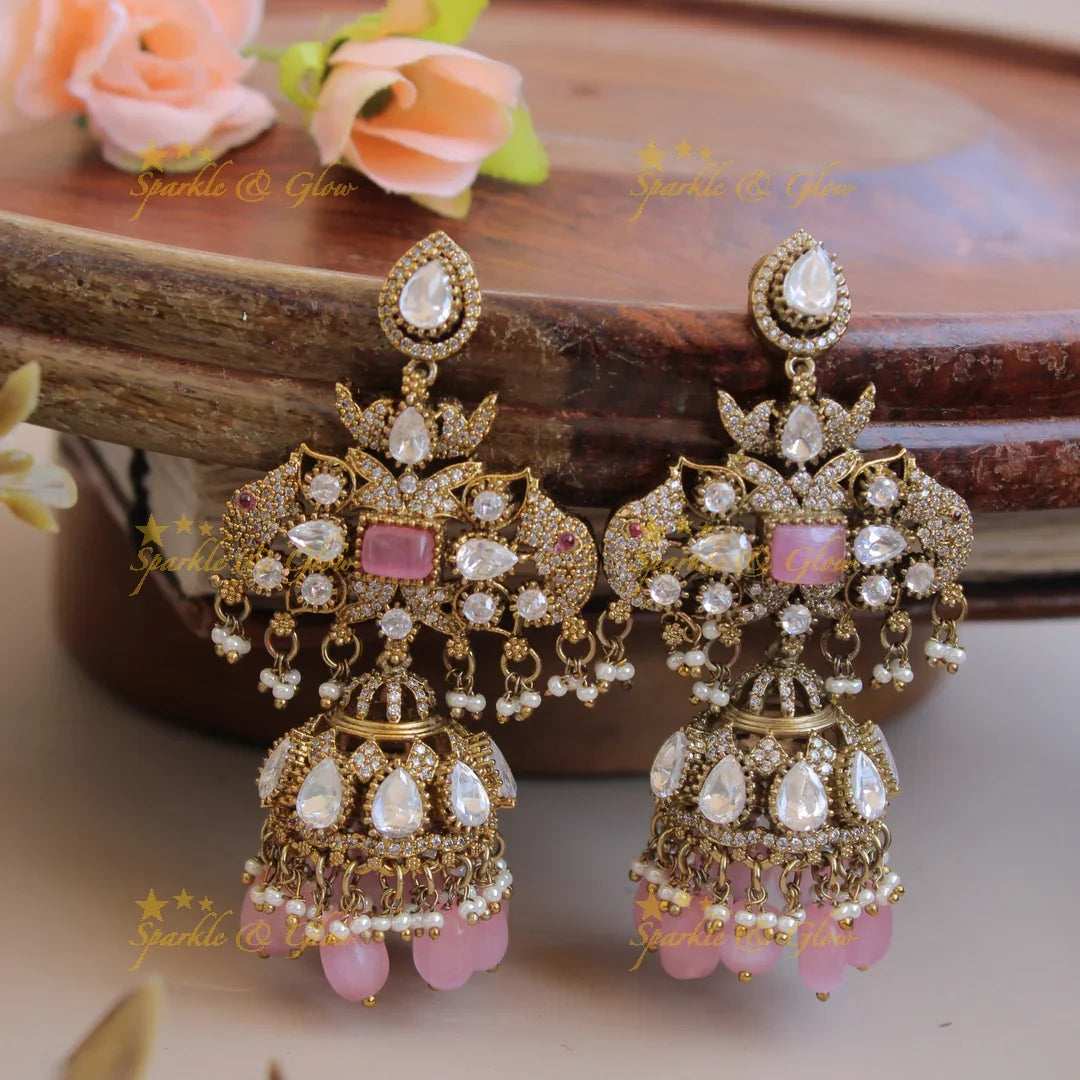 Moissanite Victorian finish Statement Elephant floral design victorian jhumukas with baby pink beads and stones - Sparkle and Glow