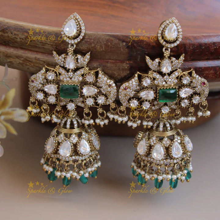 Moissanite Victorian finish Statement Elephant floral design victorian jhumukas with baby pink beads and stones - Sparkle and Glow