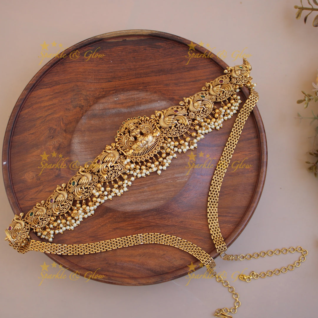 Gold alike Lakshmi peacock carved gutta pusalu hipchain with gold beads