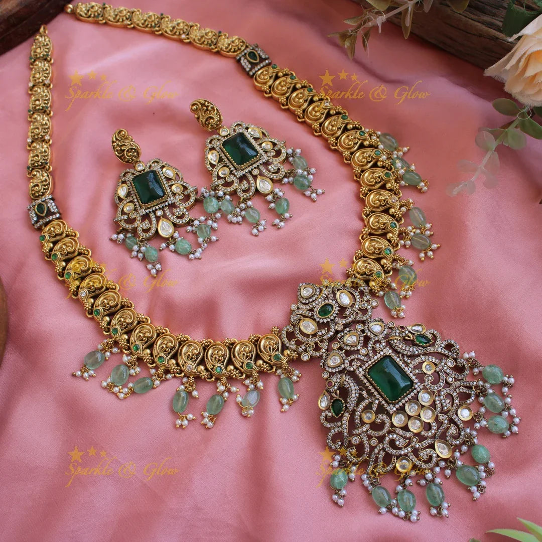 Gorgeous Peacock mango design dual tone Victorian AD long necklace with emerald and mint green beads - Sparkle and Glow