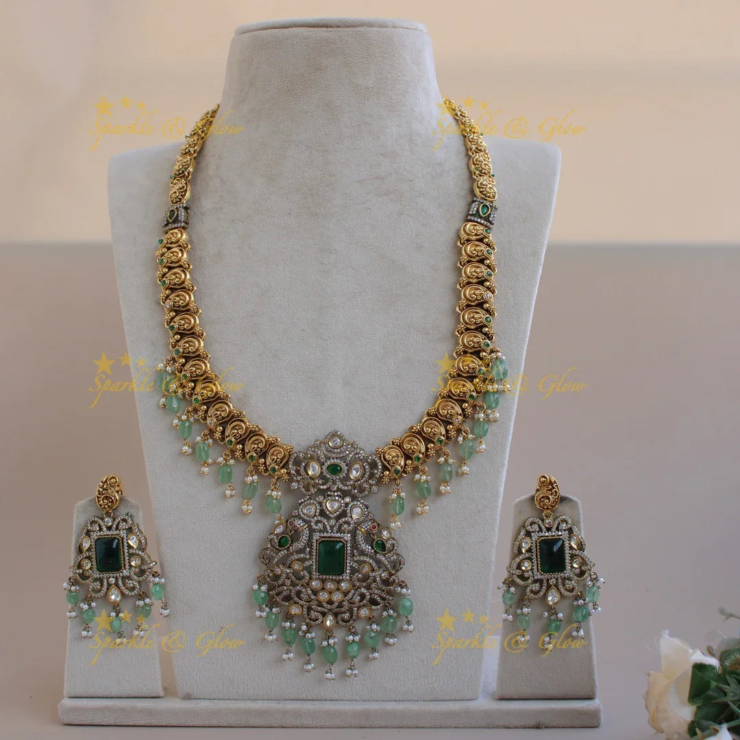 Gorgeous Peacock mango design dual tone Victorian AD long necklace with emerald and mint green beads - Sparkle and Glow