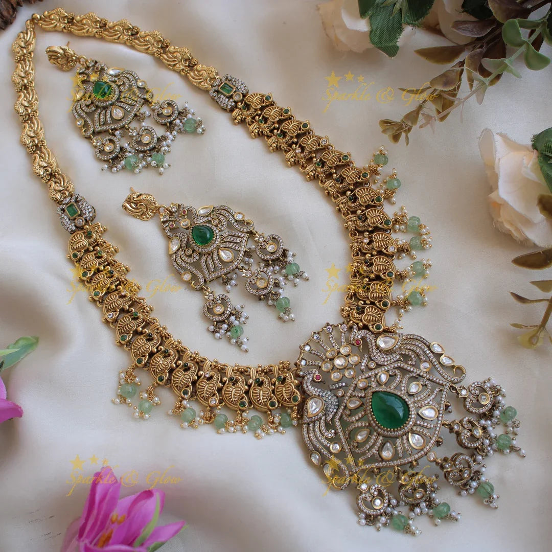 Statement Peacock design dual tone Victorian AD long necklace with emerald and mint green beads - Sparkle and Glow