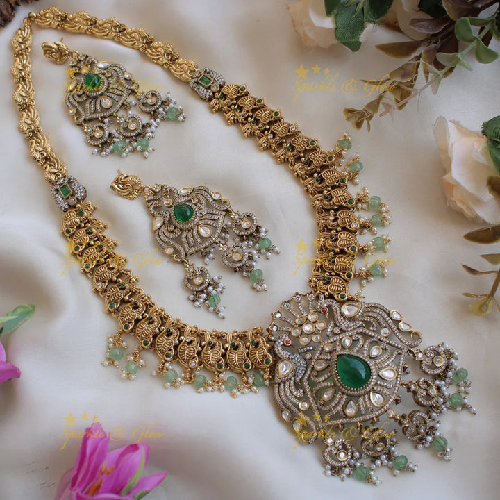 Statement Peacock design dual tone Victorian AD long necklace with emerald and mint green beads - Sparkle and Glow