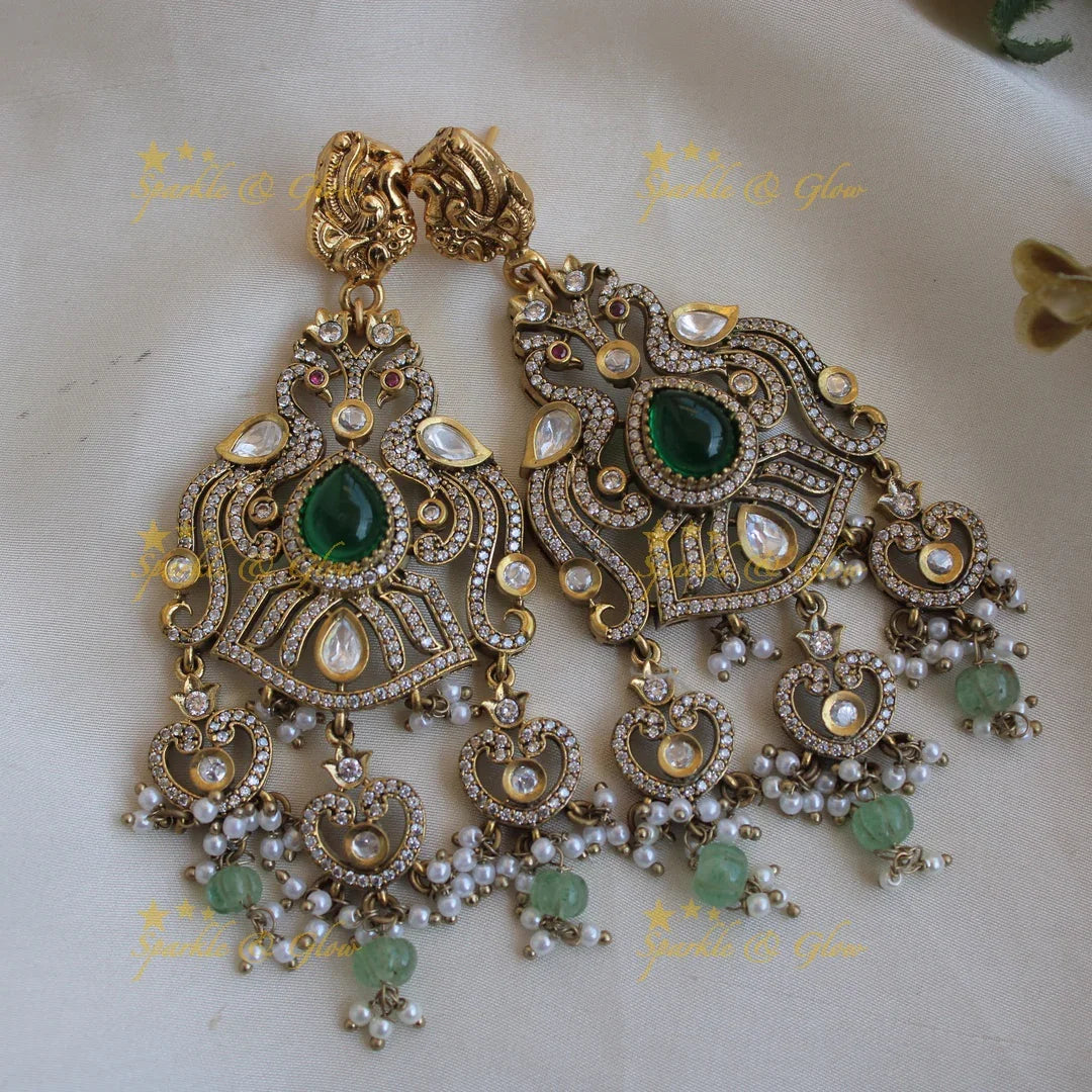 Statement Peacock design dual tone Victorian AD long necklace with emerald and mint green beads - Sparkle and Glow