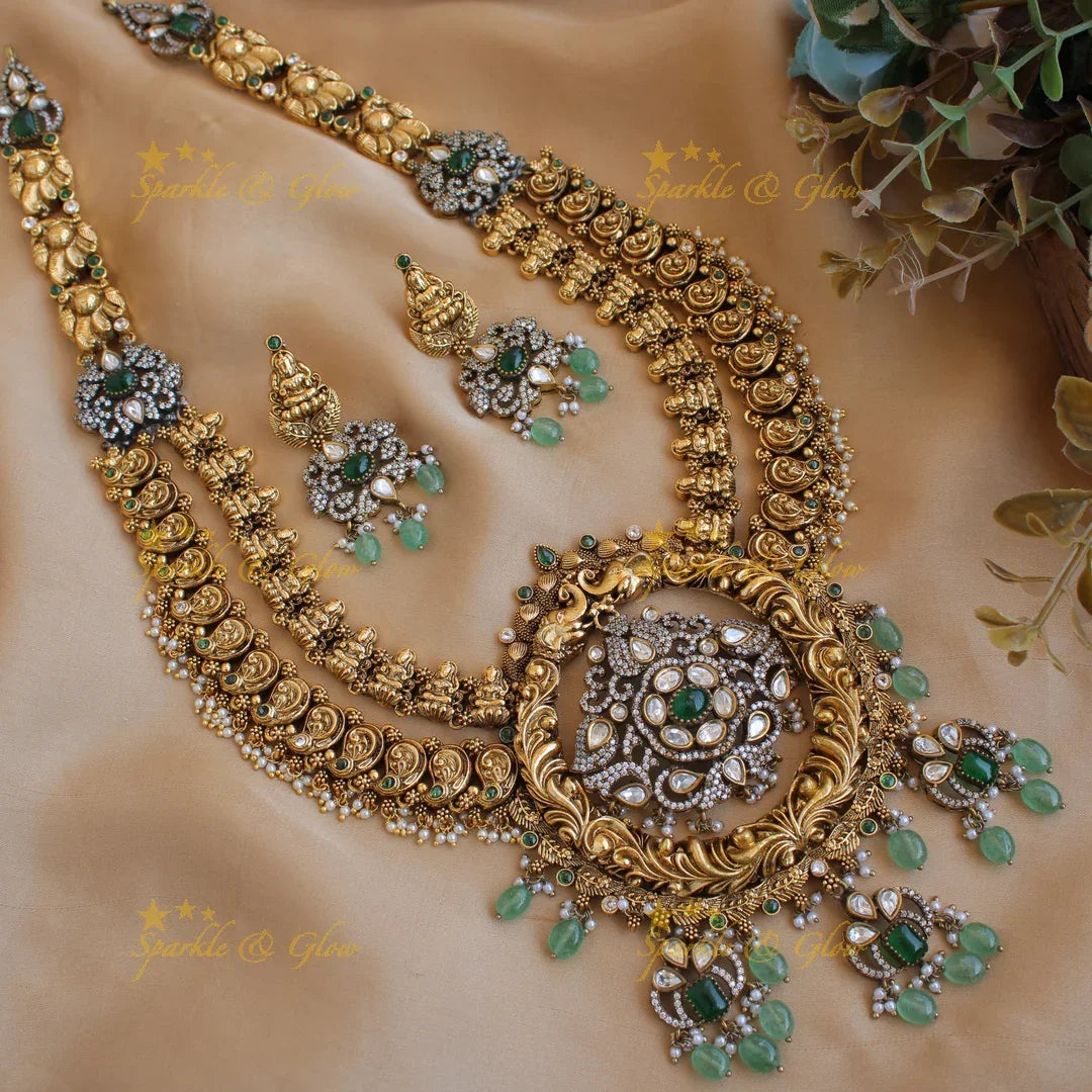 Exquisite Lakshmi Peacock mango design two layer dual tone Victorian AD long necklace with mint green beads - Sparkle and Glow