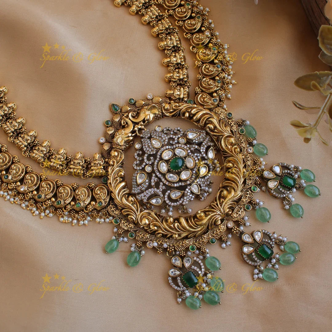 Exquisite Lakshmi Peacock mango design two layer dual tone Victorian AD long necklace with mint green beads - Sparkle and Glow