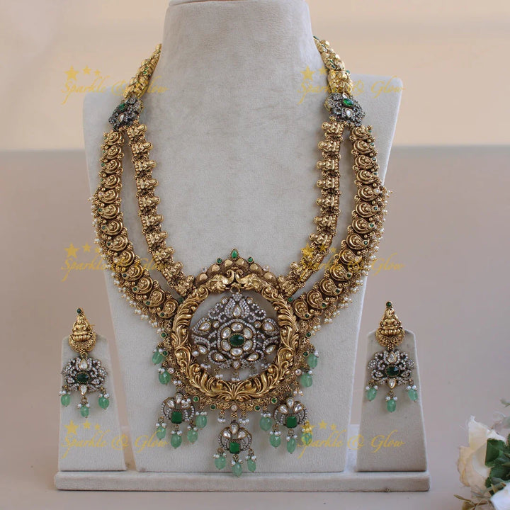 Exquisite Lakshmi Peacock mango design two layer dual tone Victorian AD long necklace with mint green beads - Sparkle and Glow
