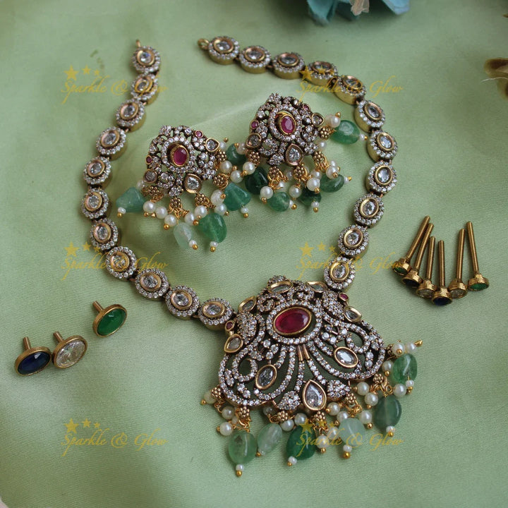 Elegant Peacock pendant victorian AD short necklace with interchangeable stones and green beads - Sparkle and Glow