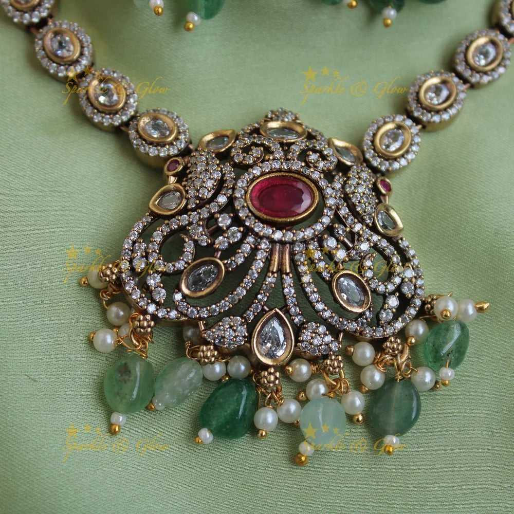 Elegant Peacock pendant victorian AD short necklace with interchangeable stones and green beads - Sparkle and Glow