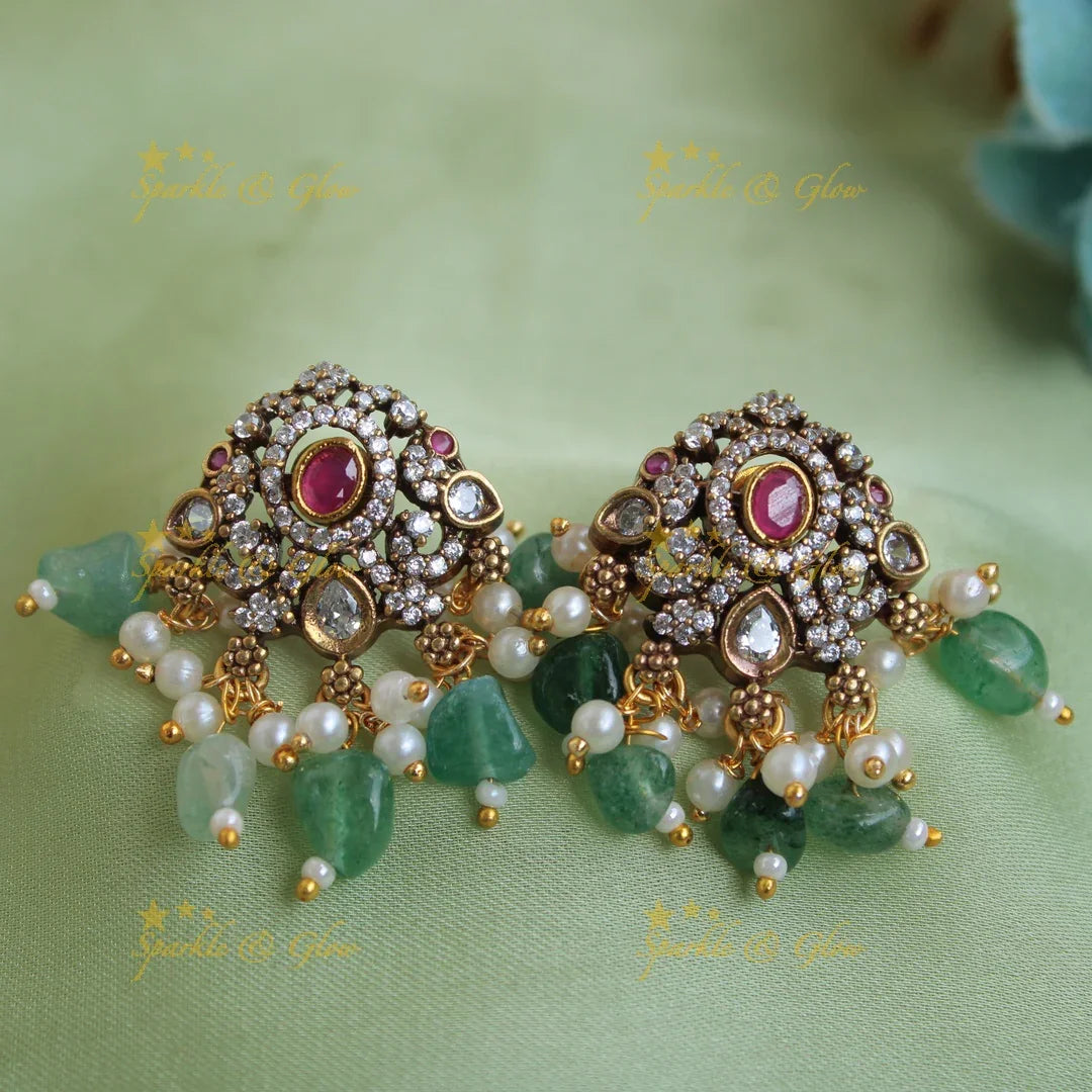 Elegant Peacock pendant victorian AD short necklace with interchangeable stones and green beads - Sparkle and Glow