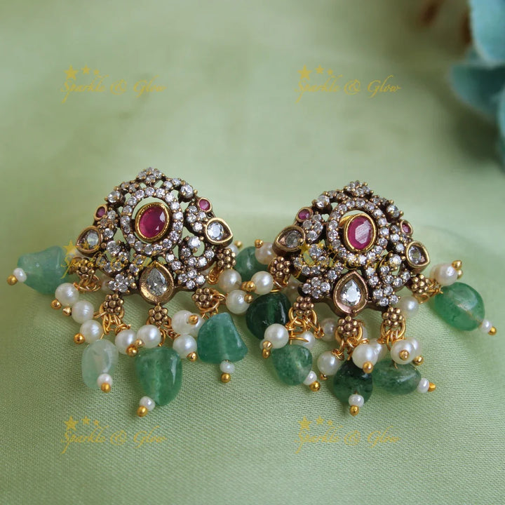 Elegant Peacock pendant victorian AD short necklace with interchangeable stones and green beads - Sparkle and Glow