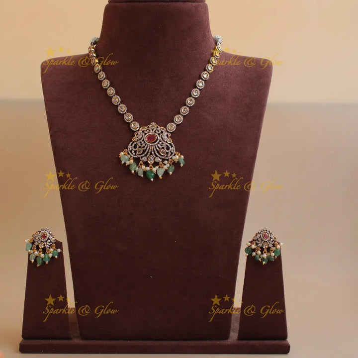 Elegant Peacock pendant victorian AD short necklace with interchangeable stones and green beads - Sparkle and Glow