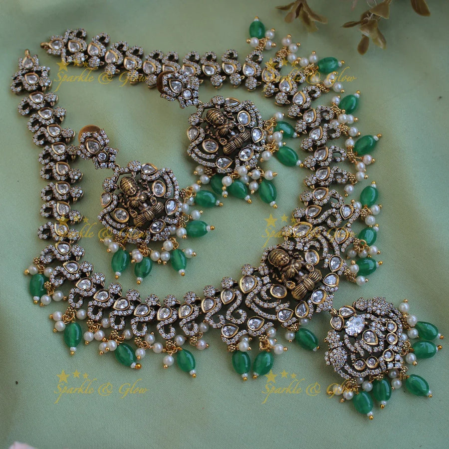 Stunning Lakshmi parrot design victorian AD short necklace with green beads - Sparkle and Glow