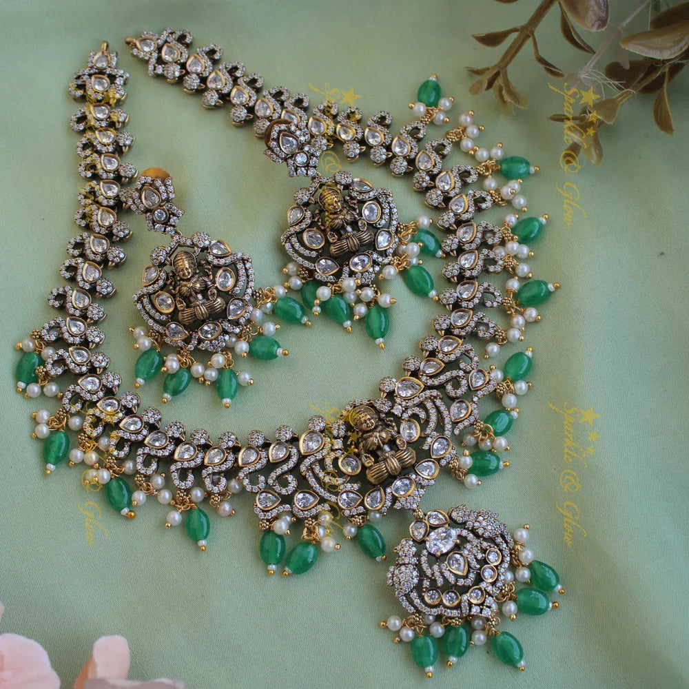 Stunning Lakshmi parrot design victorian AD short necklace with green beads - Sparkle and Glow