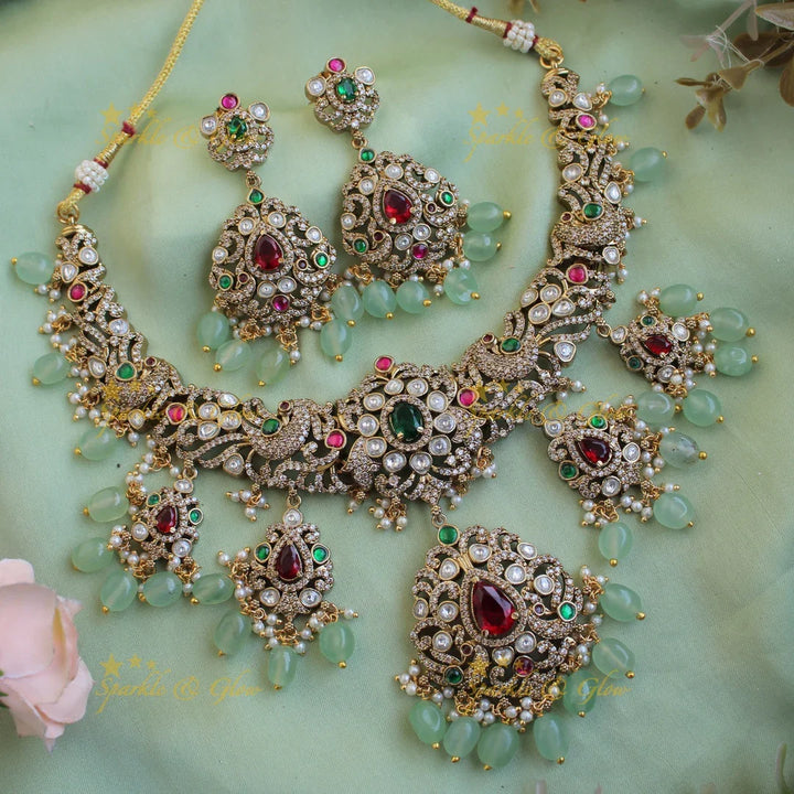 Beautiful Peacock floral design victorian AD short necklace with mint green beads - Sparkle and Glow