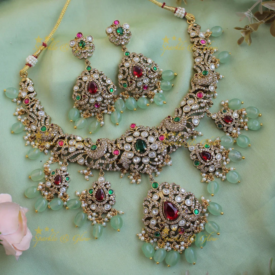 Beautiful Peacock floral design victorian AD short necklace with mint green beads - Sparkle and Glow