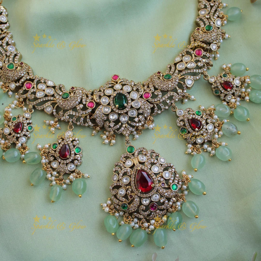 Beautiful Peacock floral design victorian AD short necklace with mint green beads - Sparkle and Glow
