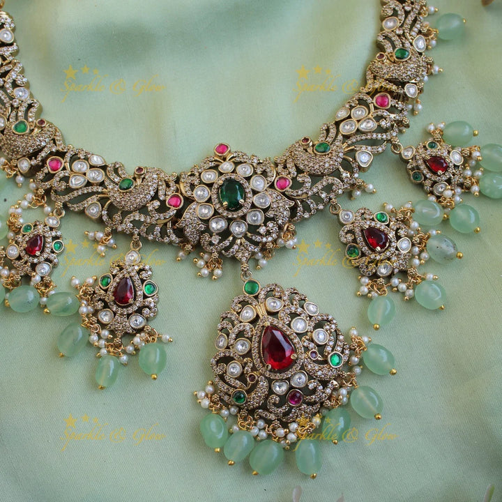 Beautiful Peacock floral design victorian AD short necklace with mint green beads - Sparkle and Glow