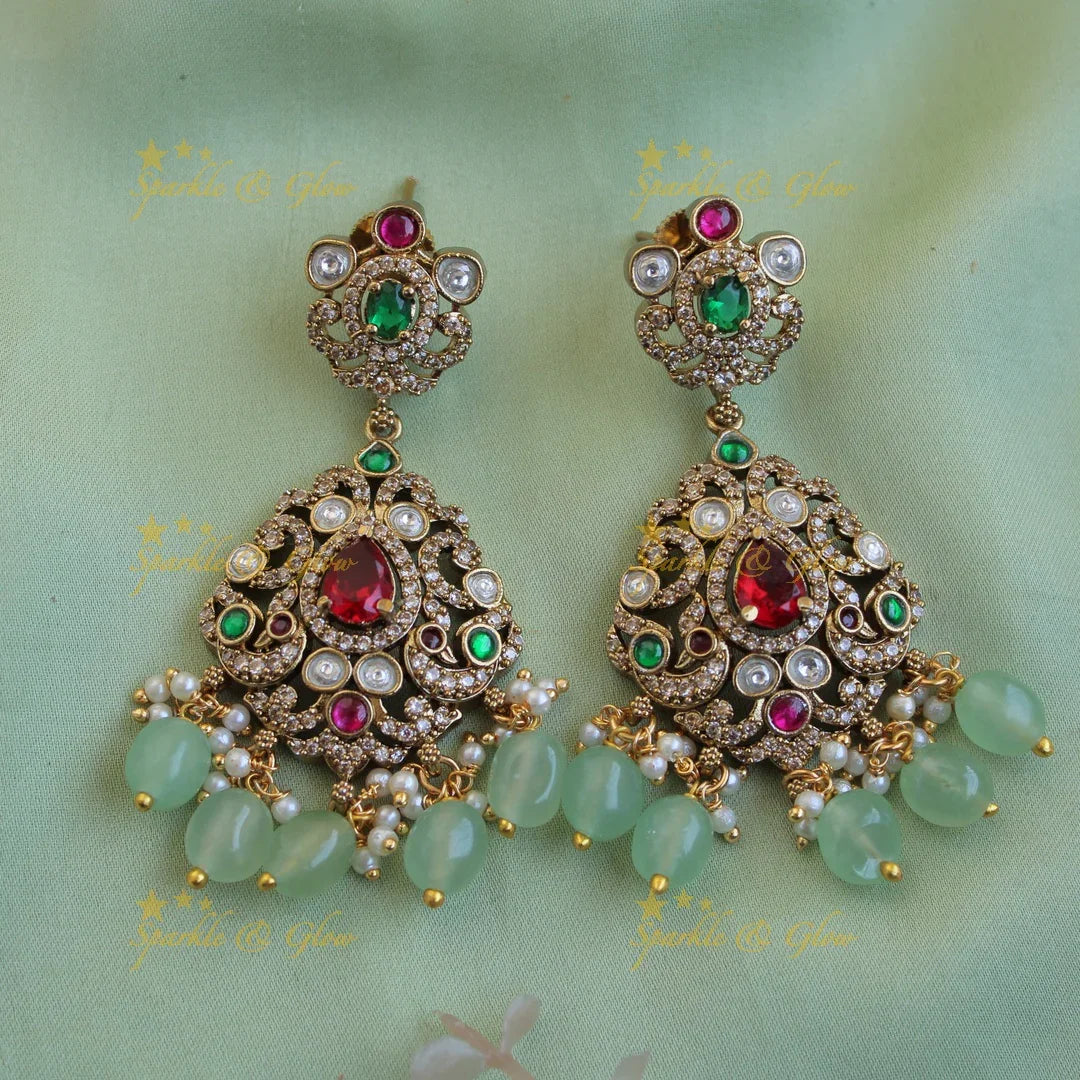 Beautiful Peacock floral design victorian AD short necklace with mint green beads - Sparkle and Glow