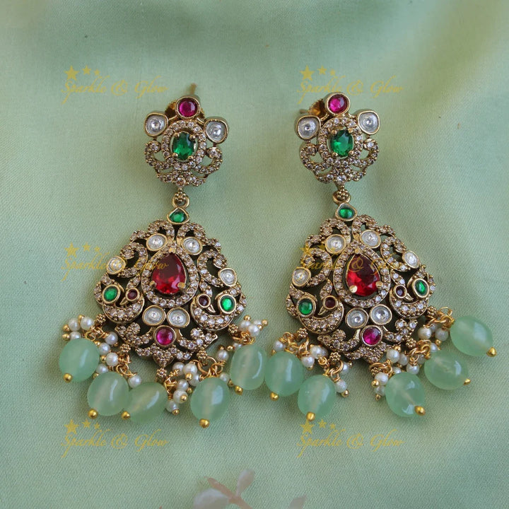 Beautiful Peacock floral design victorian AD short necklace with mint green beads - Sparkle and Glow