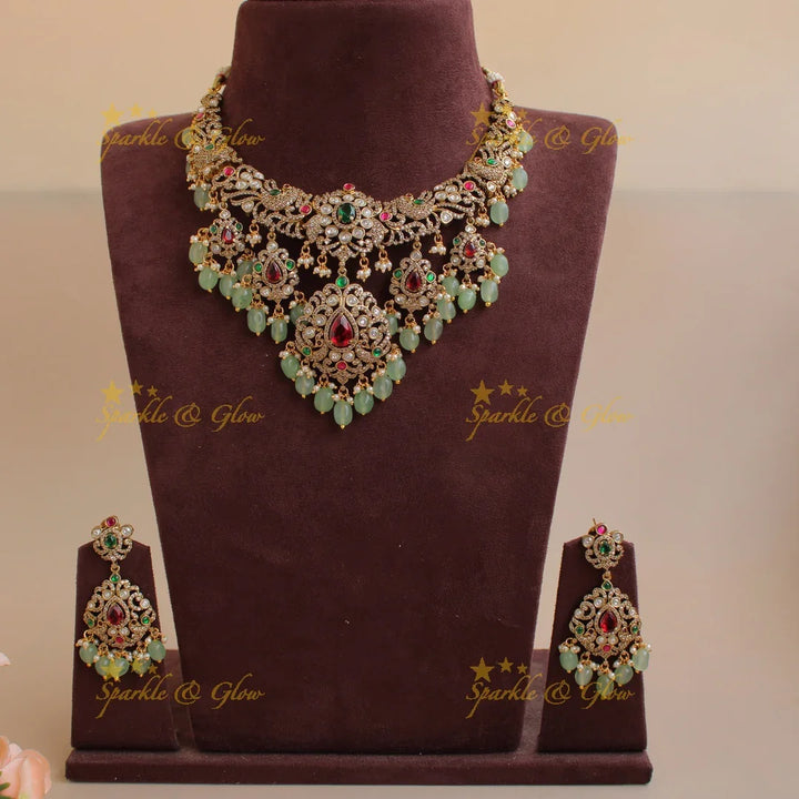 Beautiful Peacock floral design victorian AD short necklace with mint green beads - Sparkle and Glow