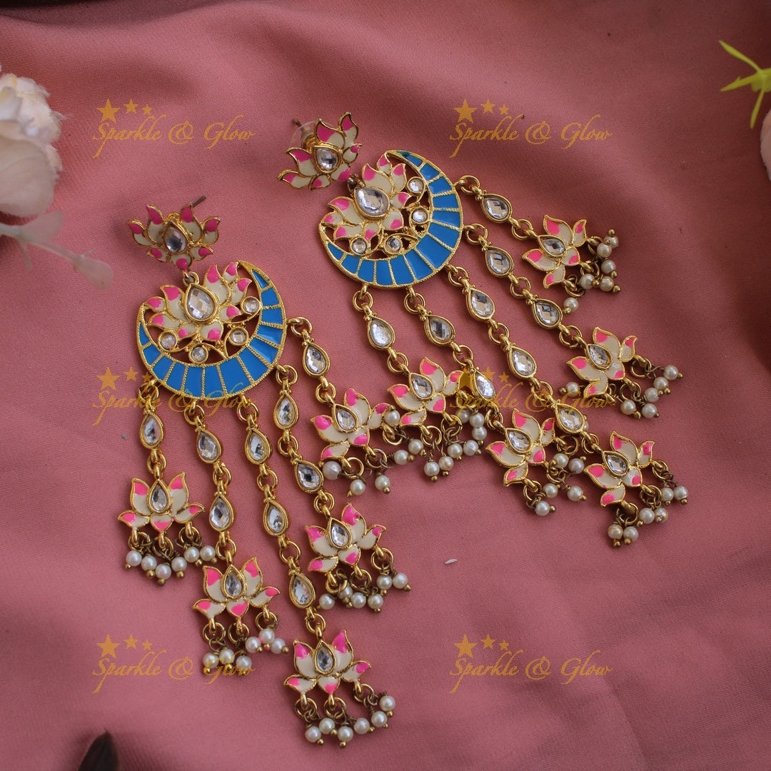 Beautiful multi colour Lotus half moon design kundan earrings with pearls
