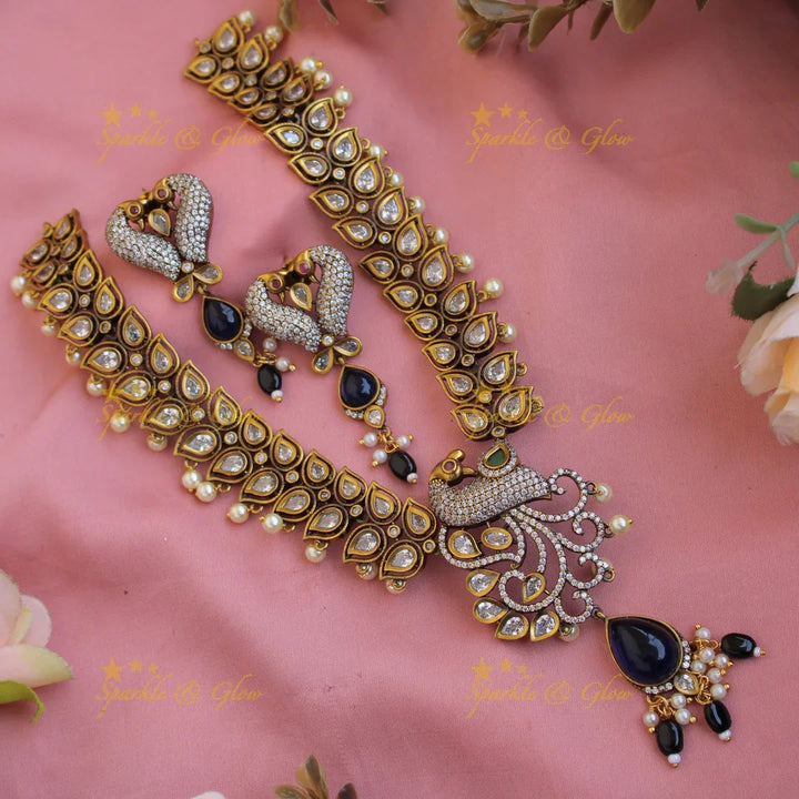 Elegant Peacock leaf design victorian AD short necklace with mint green beads and stones - Sparkle and Glow