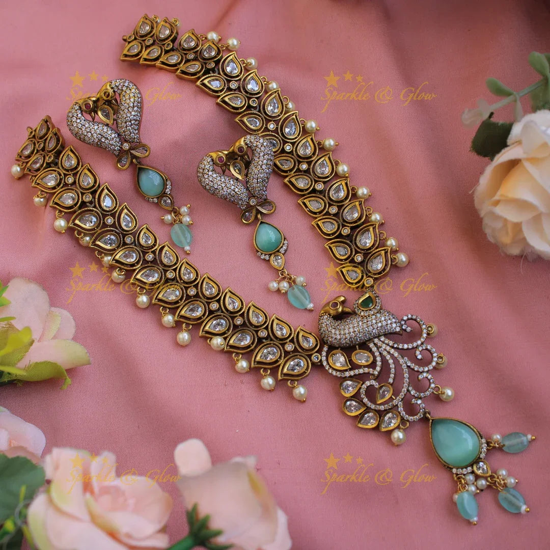 Elegant Peacock leaf design victorian AD short necklace with mint green beads and stones - Sparkle and Glow