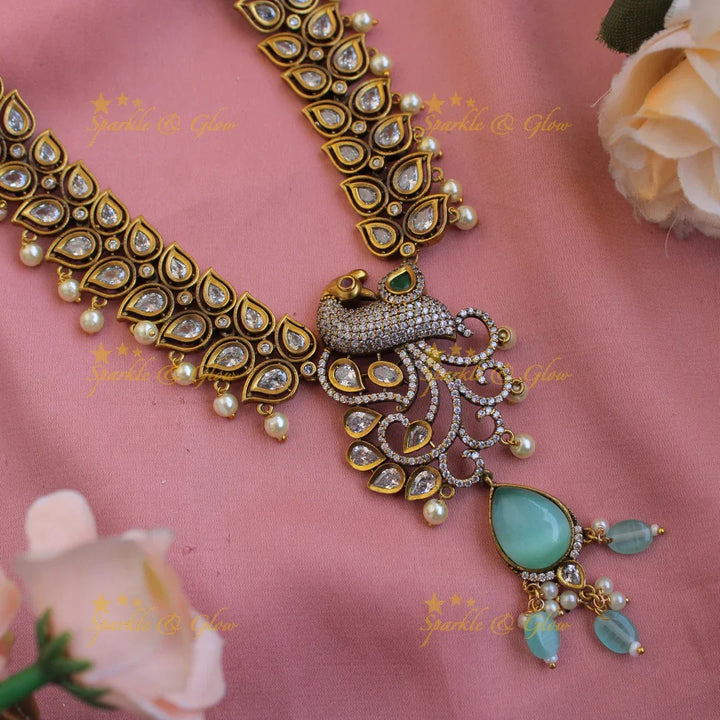 Elegant Peacock leaf design victorian AD short necklace with mint green beads and stones - Sparkle and Glow
