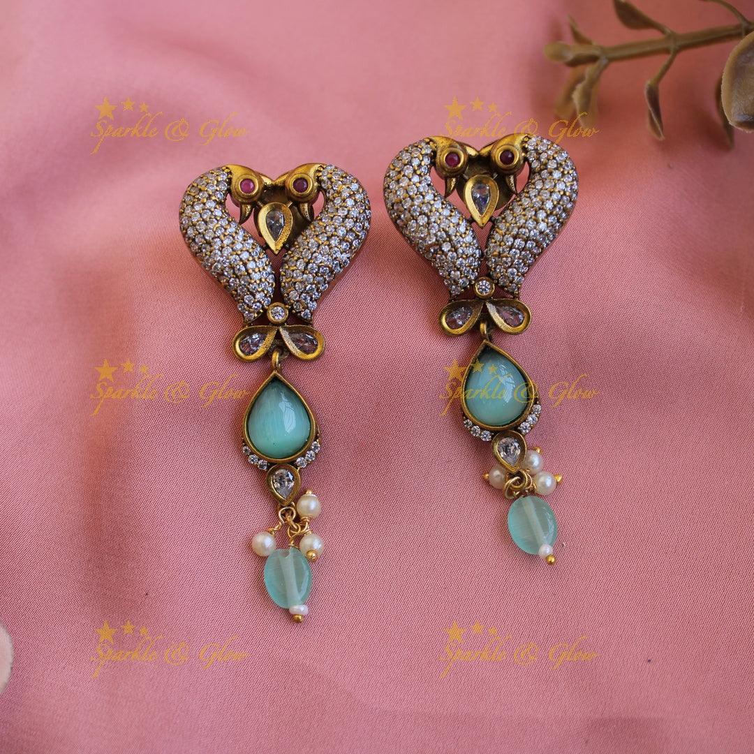 Elegant Peacock leaf design victorian AD short necklace with mint green beads and stones - Sparkle and Glow