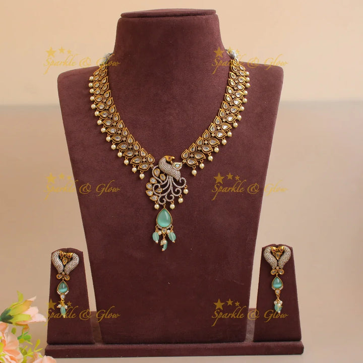 Elegant Peacock leaf design victorian AD short necklace with mint green beads and stones - Sparkle and Glow