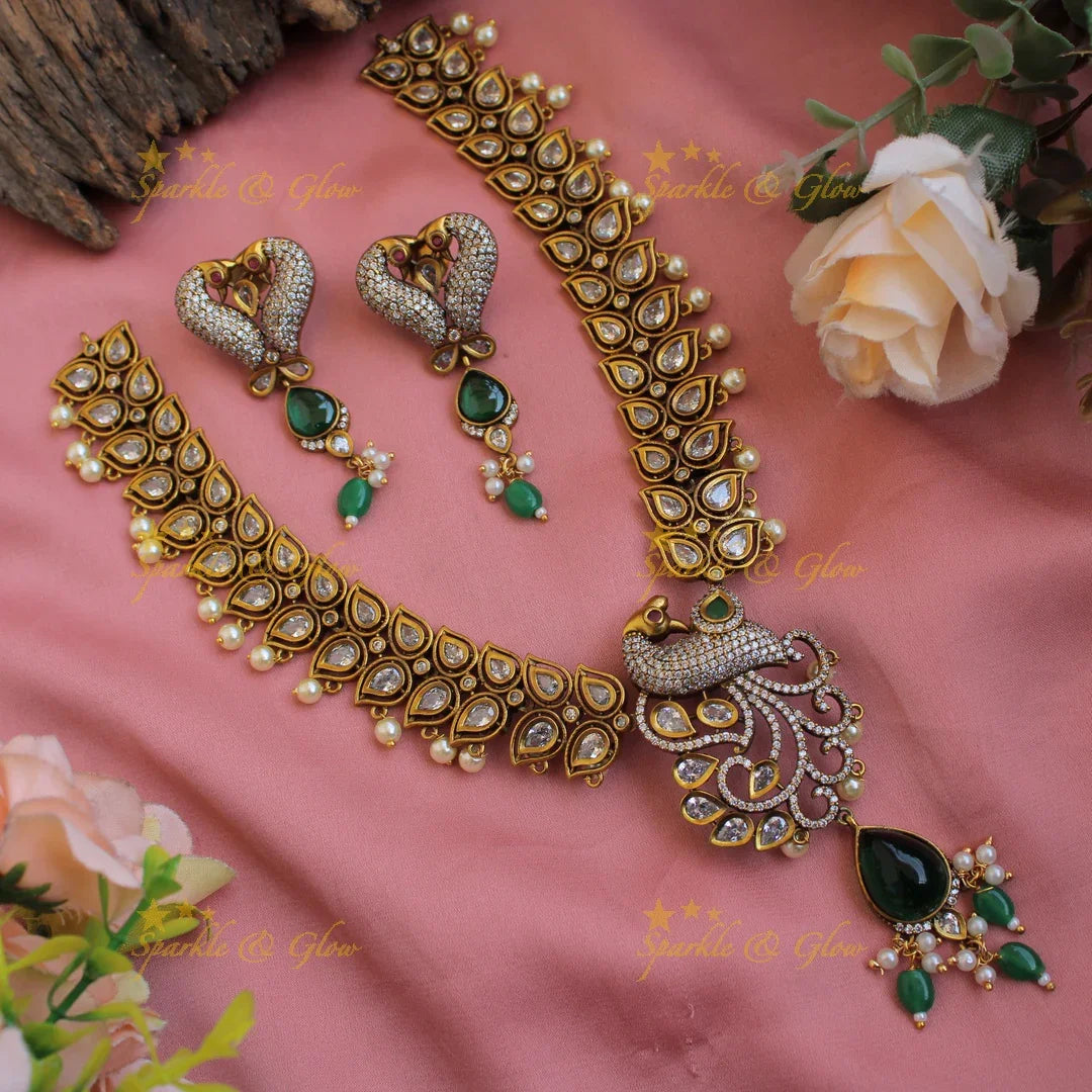 Elegant Peacock leaf design victorian AD short necklace with mint green beads and stones - Sparkle and Glow