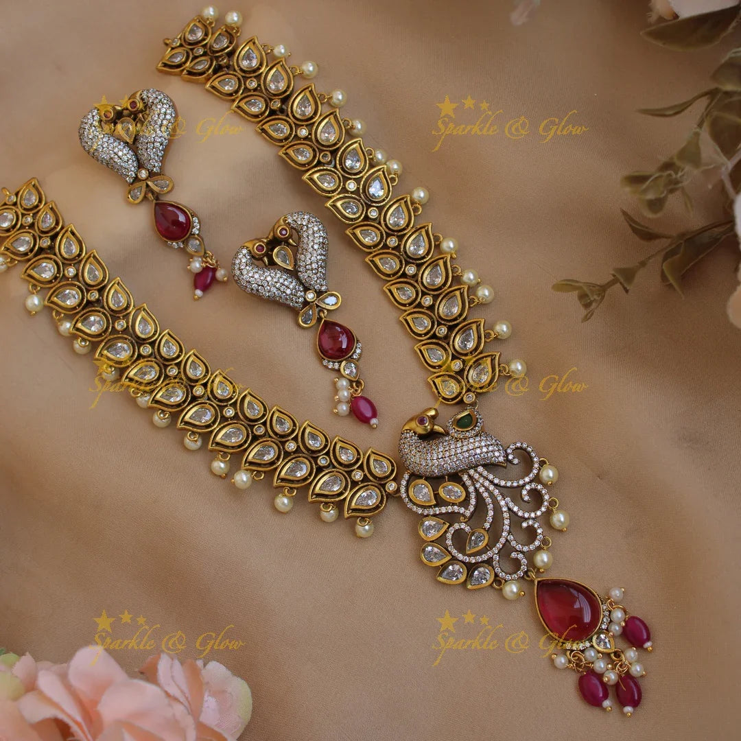 Elegant Peacock leaf design victorian AD short necklace with mint green beads and stones - Sparkle and Glow