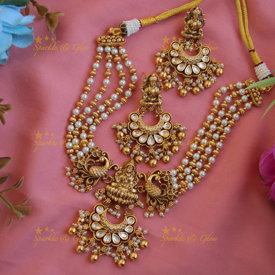 Elegant Lakshmi peacock carved jadau short necklace with gold beads and pearls - white1 - Sparkle and Glow