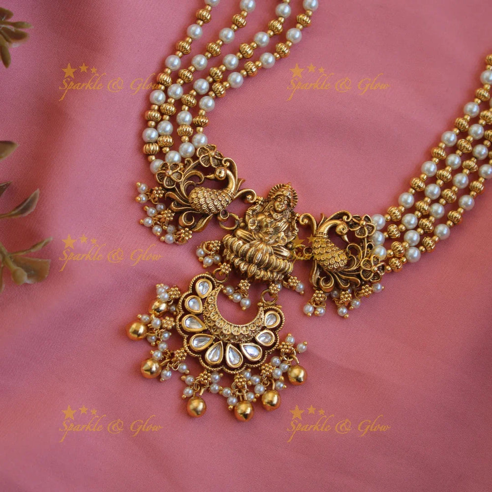 Elegant Lakshmi peacock carved jadau short necklace with gold beads and pearls - white1 - Sparkle and Glow