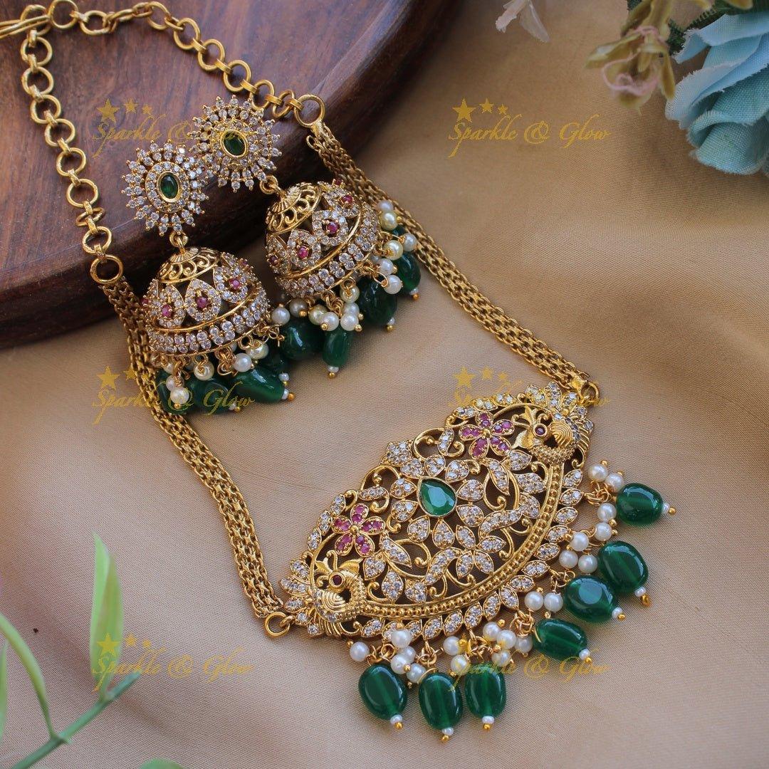 Stunning Floral peacock design AD choker with ruby emerald and green beads - Sparkle and Glow