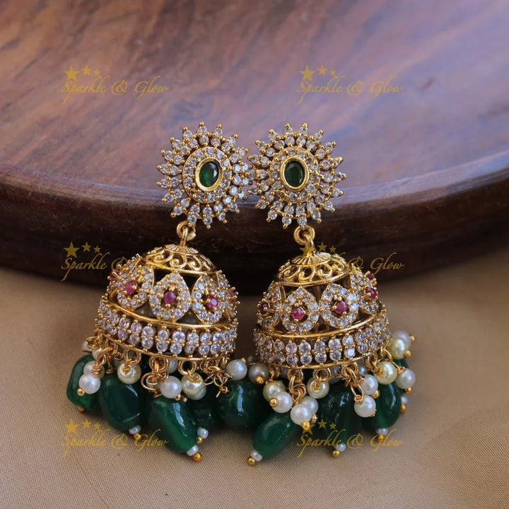 Stunning Floral peacock design AD choker with ruby emerald and green beads - Sparkle and Glow