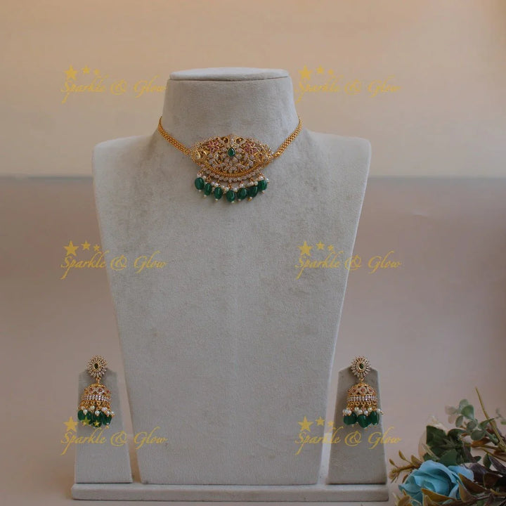 Stunning Floral peacock design AD choker with ruby emerald and green beads - Sparkle and Glow